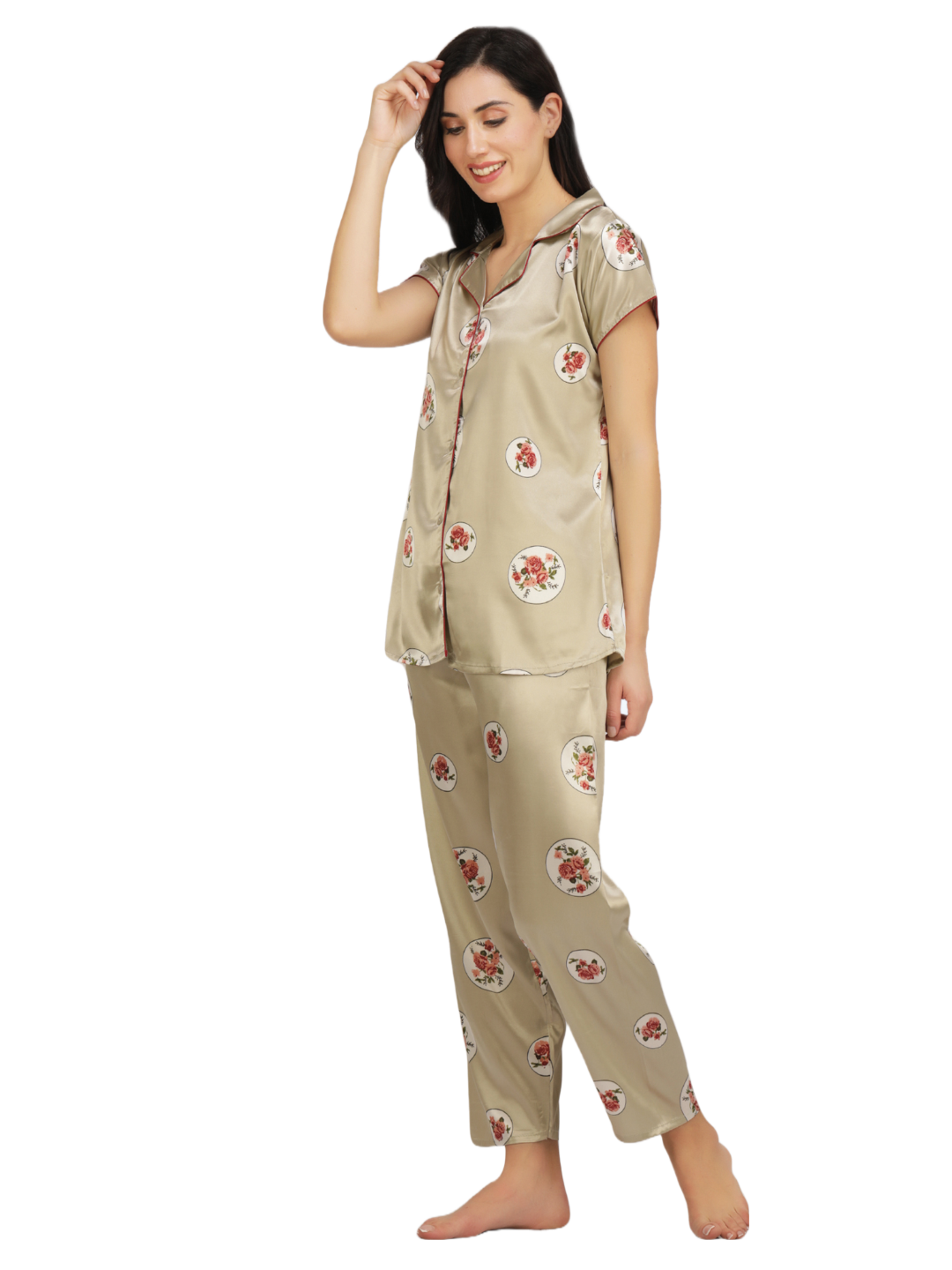 Satin Rose flower bunch long Night Suit