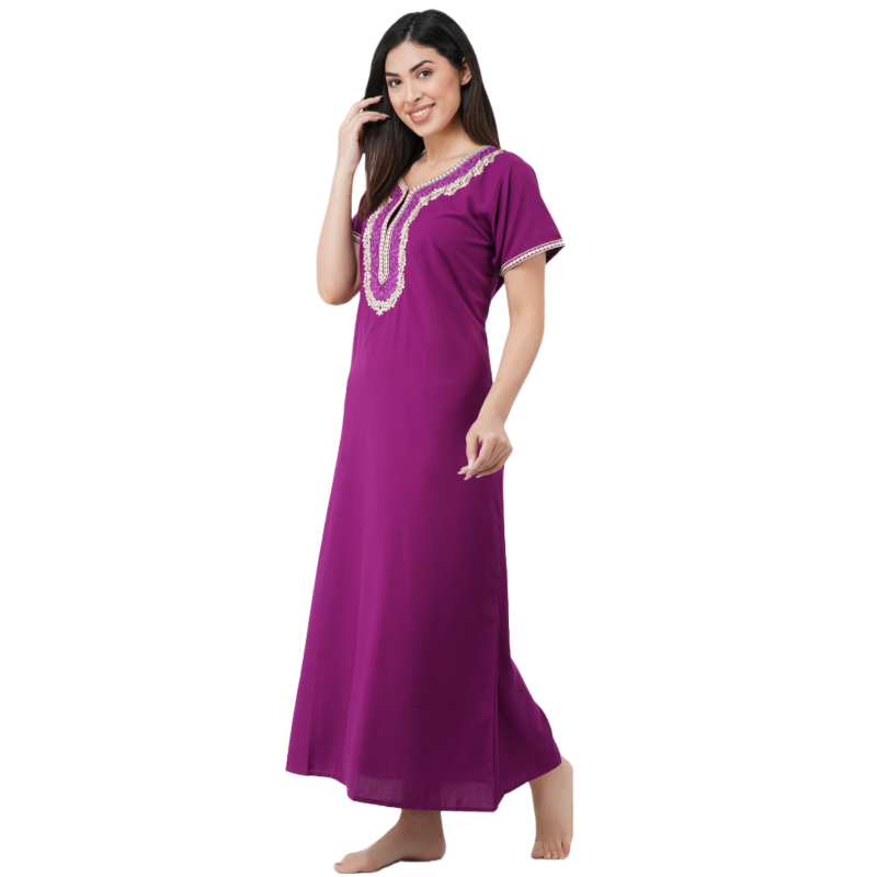 White Contrast Embroidery   Night Gowns