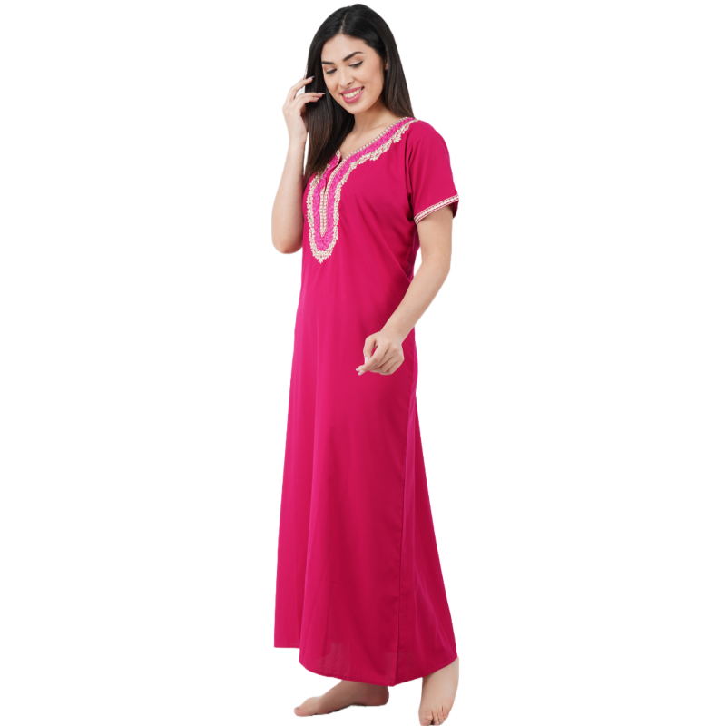 White Contrast Embroidery   Night Gowns