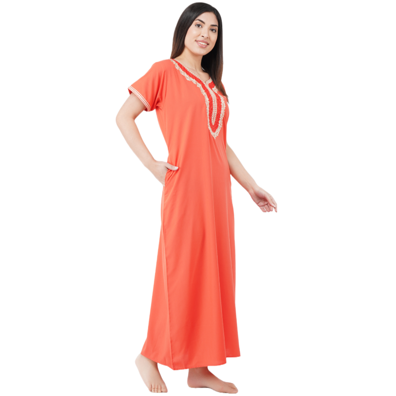 White Contrast Embroidery   Night Gowns