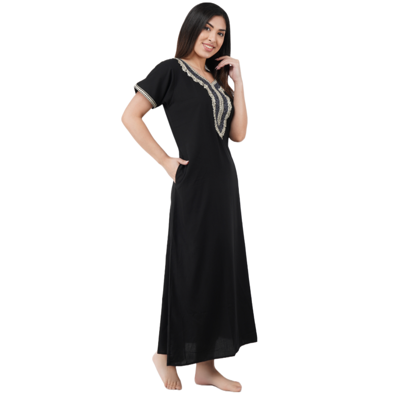 White Contrast Embroidery   Night Gowns