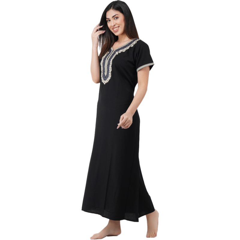 White Contrast Embroidery   Night Gowns