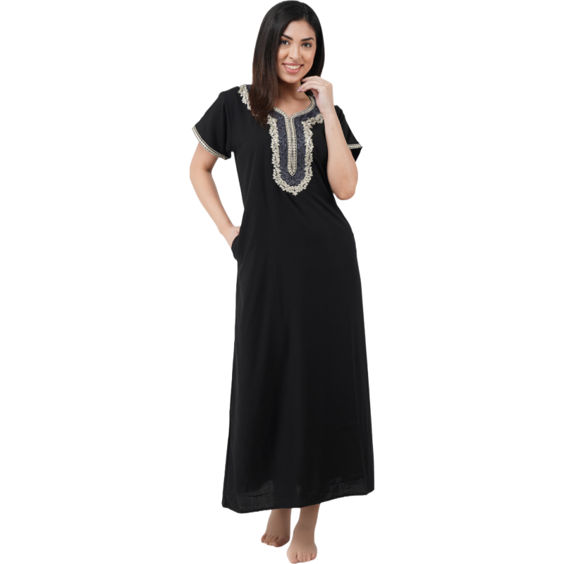White Contrast Embroidery   Night Gowns